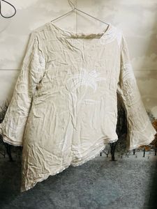 Beige Floral Print Kurta with Lace Trim