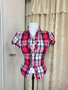 Red Plaid Ruffled Button-Up Shirt