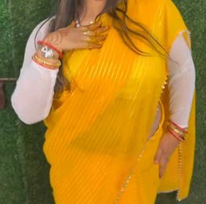 Yellow Saree with Silver Stripes