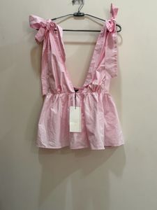 Zara Pink Tie-Shoulder Peplum Top