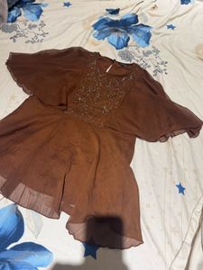 Brown Beaded Flared Top and pant