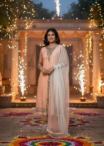 Peach &amp; Cream Embellished Lehenga Choli Set