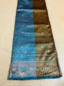 Blue Silk Saree with Gold Border