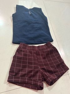Girls Blue Top &amp; Plaid Shorts Set