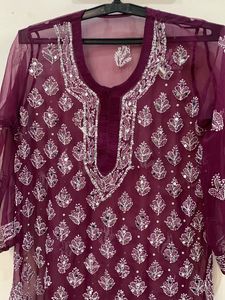 Burgundy Embroidered Chikankari Kurta