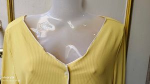 Yellow Ribbed Button-Up Top