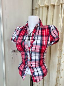 Red Plaid Ruffled Button-Up Shirt