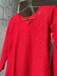 Stunning Red Sequined Kurta Set with Dupatta