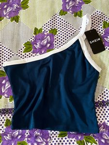 Navy Blue One Shoulder Crop Top