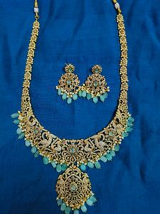 Royal Peacock Designer Necklace Set with Aqua Bead