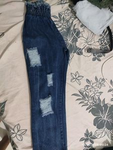Dark Blue Riped Jeans For Women