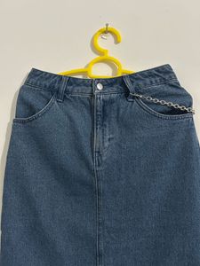 H&amp;M Distressed Denim Midi Skirt with Chain Detail