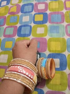 Sparkly Pink &amp; Yellowish, Cream Colour Chura Set💛