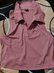 Pink Ribbed Collared Crop Top