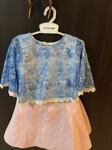 Blue Lace Crop Top with Pink Skirt
