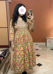 Multicolor Geometric Printed Anarkali Kurti & Pant