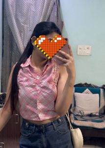 Pink Plaid Sleeveless Crop Top