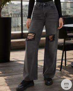 URBANIC Grey Ripped Wide Leg Jeans