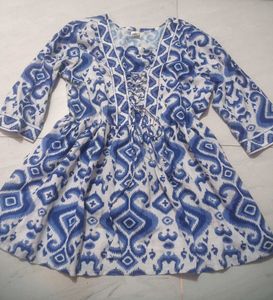Blue Ikat Print Lace-Up Tunic Top