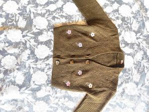 Olive Green Knit Cardigan with Flower Detail