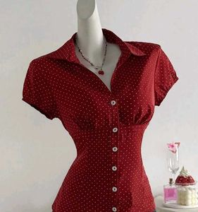 Retro Cherry Dot Button-Up Top