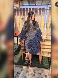 Polka dot one piece knee length dress with Free bo