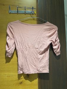 Chic Pink Ribbed Ruched Sleeve Top