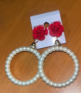 Red Rose Pearl Hoop Earrings