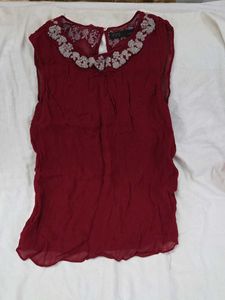 Zara Wine Red Embellished Neck Sleeveless Blouse