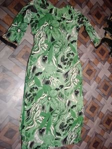Green Floral Print Kurta with Black Velvet Necklin