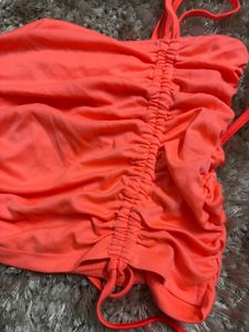 Neon Orange Ruched Drawstring Crop Top