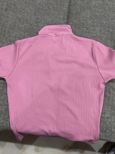 Pink Ribbed Polo Neck Top