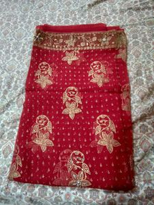 Red Saree with Gold Floral Embellishments