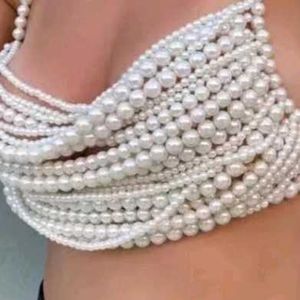 Fashionable Multi-Layer Pearl Beaded Crop Top