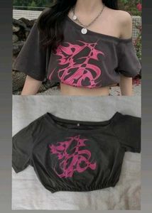Grey Crop Top with Pink Graphic