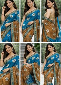 Elegant Blue & Brown Floral Saree