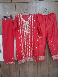 Red Embroidered Kurta Set with Palazzo