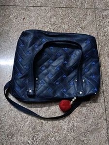 Quilted Dark Blue Handbag with Heart Pattern