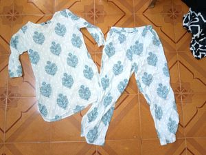 White & Blue Floral Kurta Set 38 size