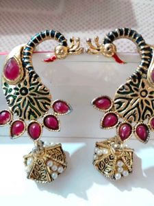 Peacock Design Earrings with Red Stones