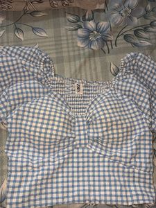 Cute Blue Gingham Puff Sleeve Top