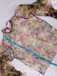 Sheer Floral Organza Puff Sleeve Blouse