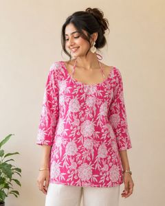 Pink Floral Print Short Kurta