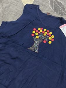 Women's Blue Kurta with Tree Embroidery