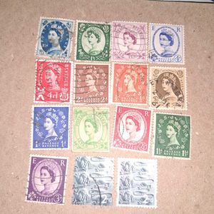 13 1950s Great Britain Queen Elizabeth Stamps U.K