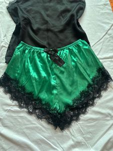 Satin Pajama Set with Lace Trim