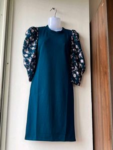 Teal Dress with Floral Puff Sleeves (small)