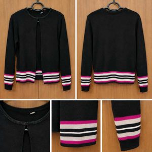 Chic Black Cardigan with Striped Cuffs