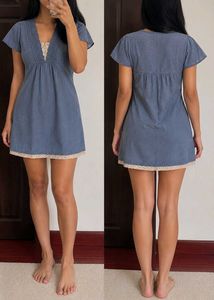Blue Denim Mini Dress with Lace Trim