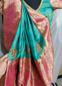 hand work 💯 Green Silk Saree with Gold Border